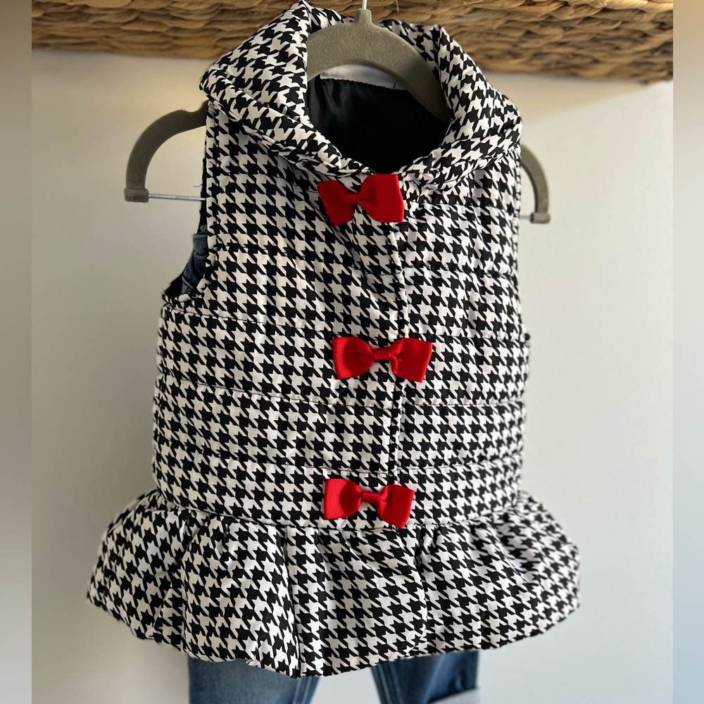 Black and white waistcoat with red bows for 24m girl.